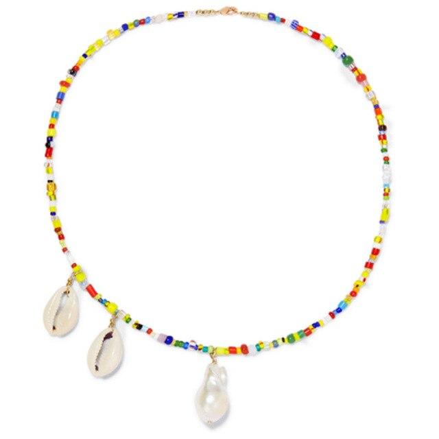 Colorful Beaded Necklace with Puka Shell and Stone Pendant-Necklaces-Innovato Design-Innovato Design