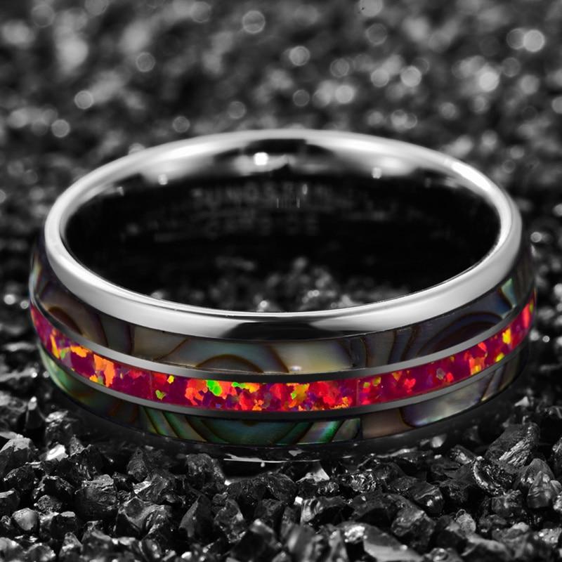 Silver Tungsten Carbide with Magenta Opal Inlay Wedding Band-Rings-Innovato Design-7-Innovato Design