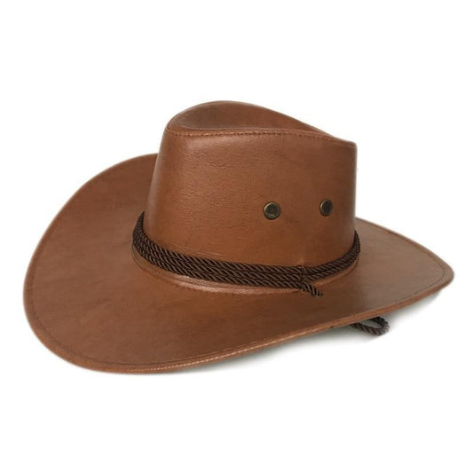 Faux Leather Cowboy Hat with Twisted Rope Band and Adjustable Strap-Hats-Innovato Design-Khaki-Innovato Design