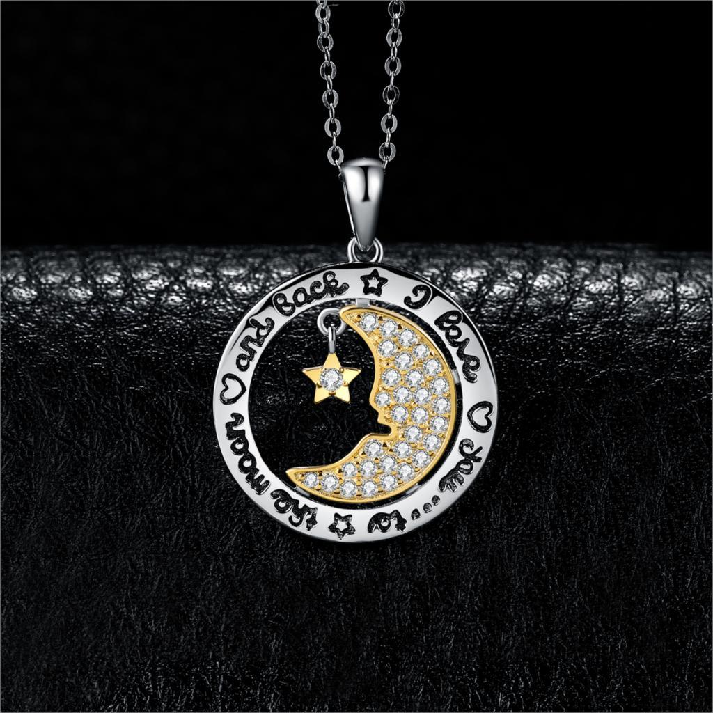 Two-Tone Gold and Silver Engraved Moon and Star Pendant Necklace-Necklaces-Innovato Design-Innovato Design