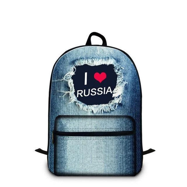 Cotton Denim School 20 to 35 Litre Backpack For Teenage Girls-Denim Backpacks-Innovato Design-Blue-I Love Russia-Innovato Design