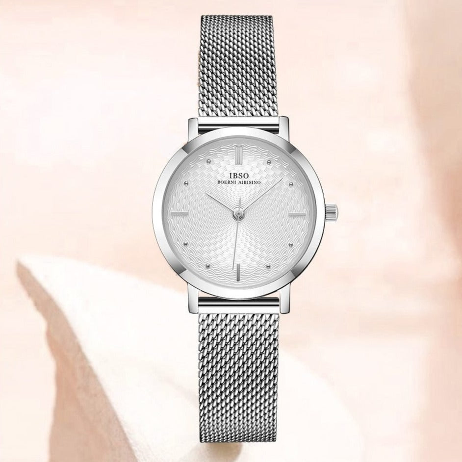 Women Quartz 8mm Ultra-Thin Silver Mesh Stainless Steel Band Watch and Bracelet Jewelry Set-Jewelry Sets-Innovato Design-Dakota-Innovato Design