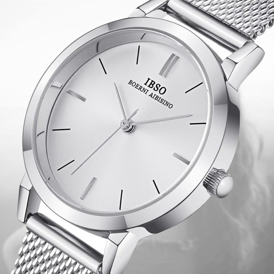 Women Quartz 8mm Ultra-Thin Silver Mesh Stainless Steel Band Watch and Bracelet Jewelry Set-Jewelry Sets-Innovato Design-Dakota-Innovato Design
