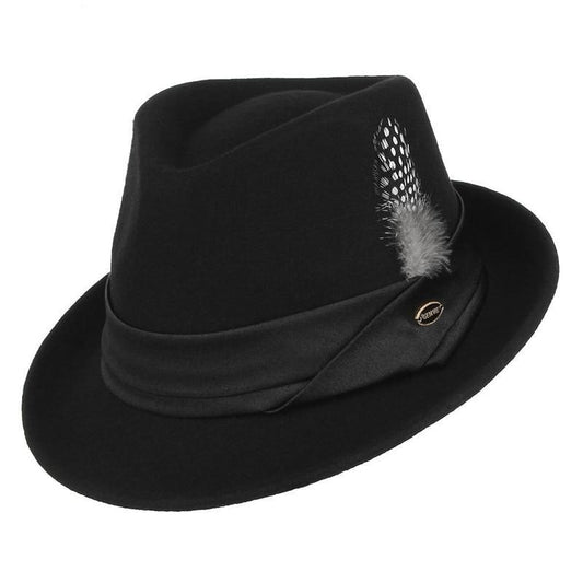 Black Wool Fedora Trilby Hat with White-spotted Black Feather in Hatband-Hats-Innovato Design-Black-57cm-Innovato Design