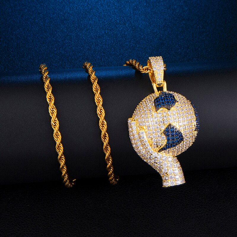 Cubic-Zirconia-Studded Hand Holding Earth Bling Hip-hop Pendant Necklace-Necklaces-Innovato Design-4mm Rope-22inch-Innovato Design