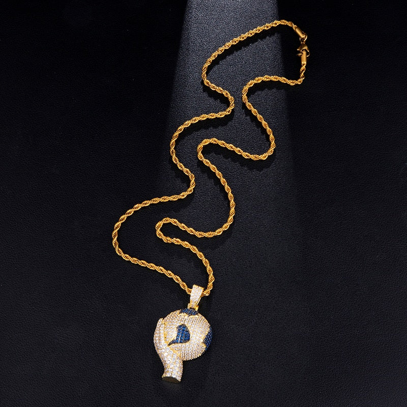 Cubic-Zirconia-Studded Hand Holding Earth Bling Hip-hop Pendant Necklace-Necklaces-Innovato Design-4mm Rope-22inch-Innovato Design