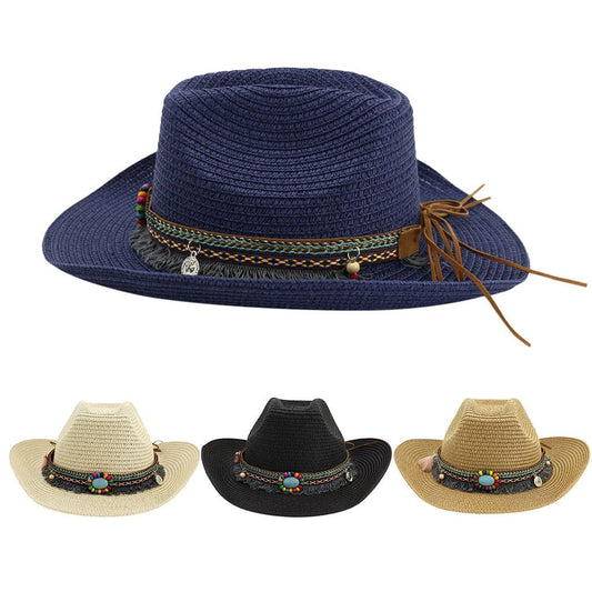 Woven Cattleman Cowboy Hat with Patterned Beaded Band-Hats-Innovato Design-White-Innovato Design