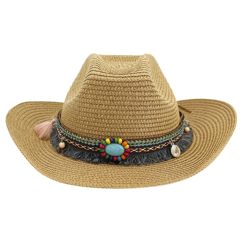 Woven Cattleman Cowboy Hat with Patterned Beaded Band-Hats-Innovato Design-White-Innovato Design