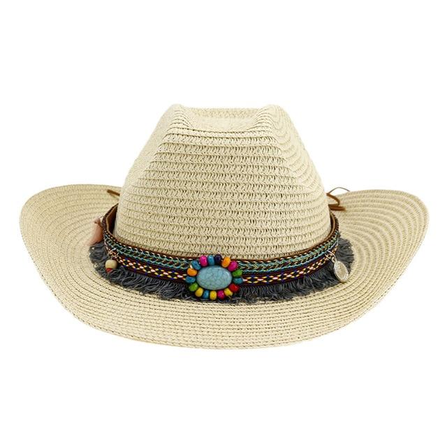 Woven Cattleman Cowboy Hat with Patterned Beaded Band-Hats-Innovato Design-Beige-Innovato Design