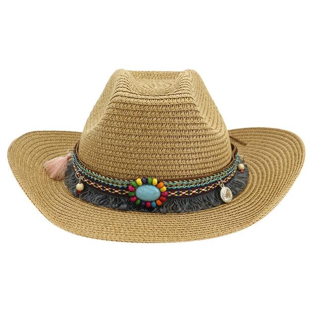 Woven Cattleman Cowboy Hat with Patterned Beaded Band-Hats-Innovato Design-Khaki-Innovato Design