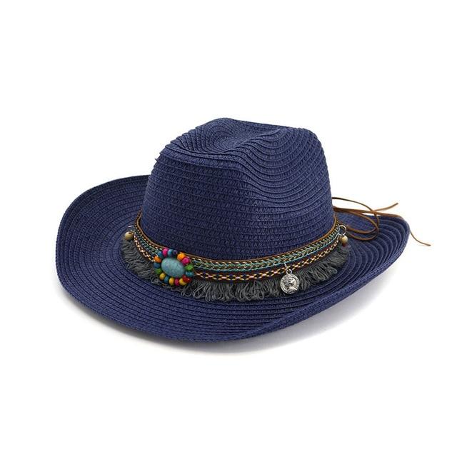 Woven Cattleman Cowboy Hat with Patterned Beaded Band-Hats-Innovato Design-Navy-Innovato Design