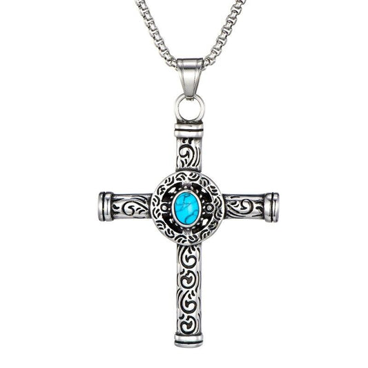 Rod Cross with Turquoise Stone and Tribal Design Necklace-Necklaces-Innovato Design-Silver-24 inches-Innovato Design
