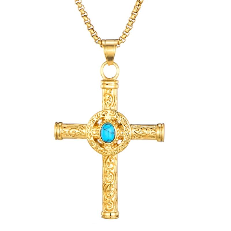 Rod Cross with Turquoise Stone and Tribal Design Necklace-Necklaces-Innovato Design-Gold-24 inches-Innovato Design