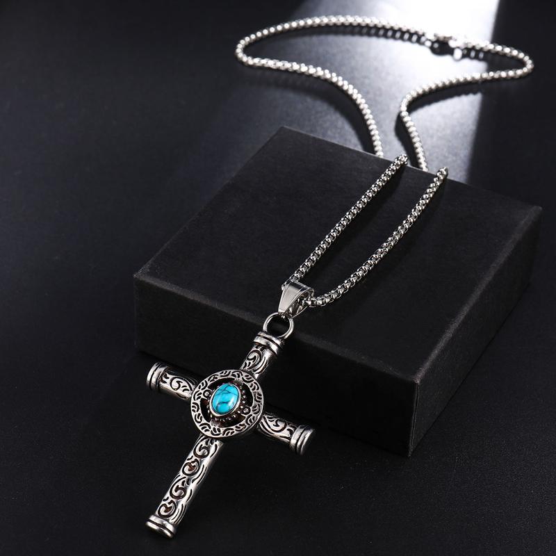 Rod Cross with Turquoise Stone and Tribal Design Necklace-Necklaces-Innovato Design-Silver-24 inches-Innovato Design