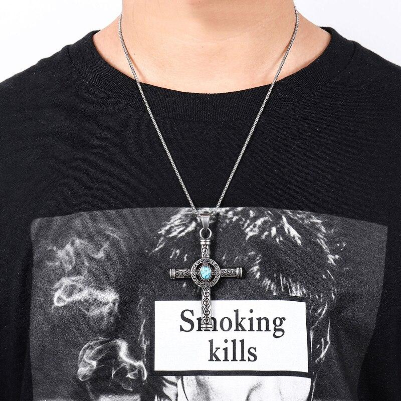 Rod Cross with Turquoise Stone and Tribal Design Necklace-Necklaces-Innovato Design-Silver-24 inches-Innovato Design