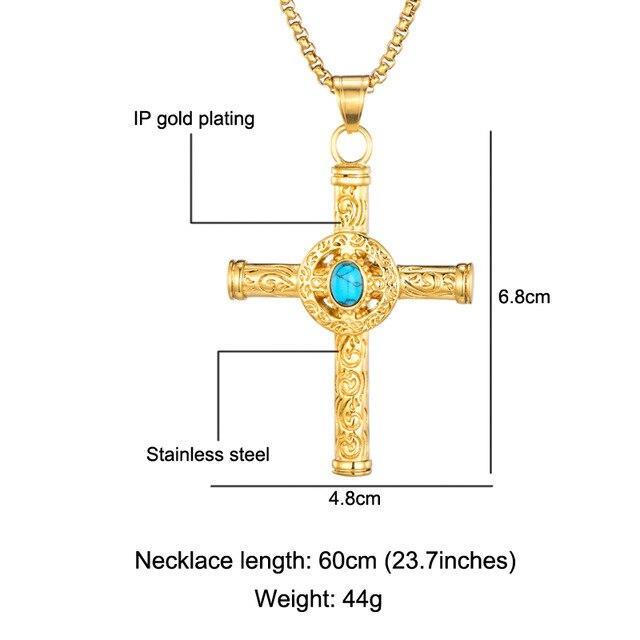 Rod Cross with Turquoise Stone and Tribal Design Necklace-Necklaces-Innovato Design-Silver-24 inches-Innovato Design