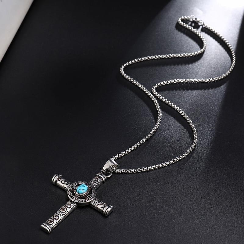 Rod Cross with Turquoise Stone and Tribal Design Necklace-Necklaces-Innovato Design-Silver-24 inches-Innovato Design