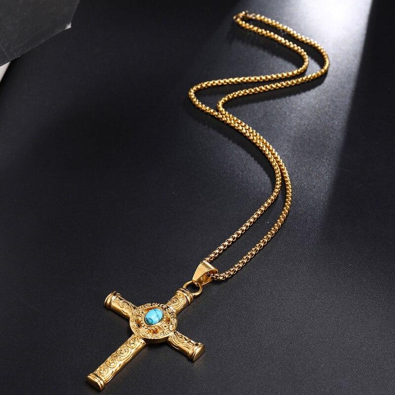 Rod Cross with Turquoise Stone and Tribal Design Necklace-Necklaces-Innovato Design-Silver-24 inches-Innovato Design