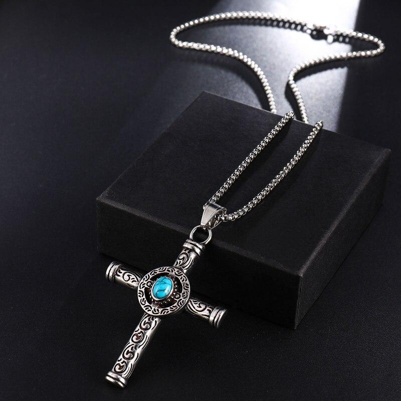 Rod Cross with Turquoise Stone and Tribal Design Necklace-Necklaces-Innovato Design-Silver-24 inches-Innovato Design
