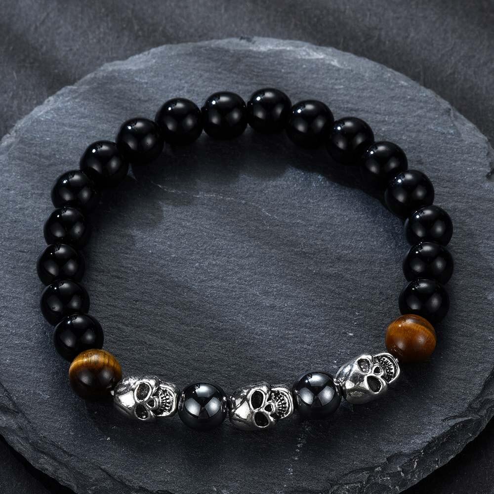 Black Natural Lava Stone Beads with Skull-Skull Bracelet-Innovato Design-Black-Innovato Design