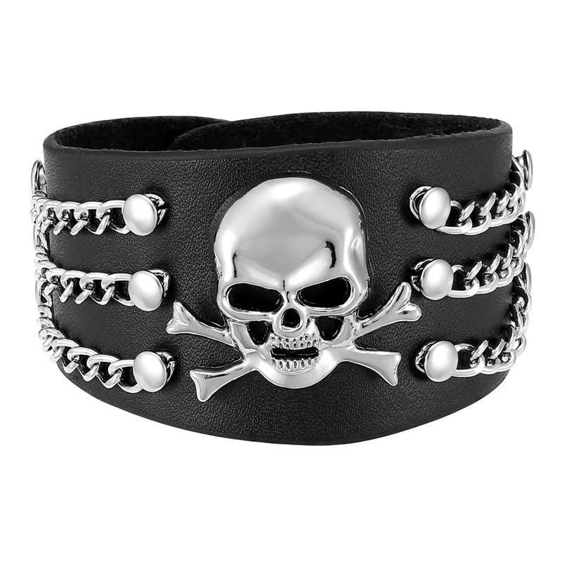 Black Genuine Leather Punk Skull with Chains Bracelet-Skull Bracelet-Innovato Design-Innovato Design