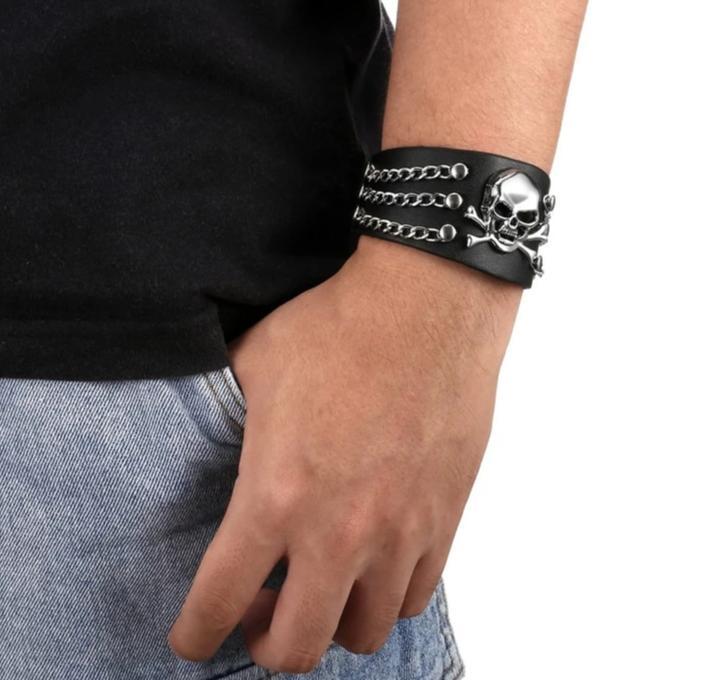 Black Genuine Leather Punk Skull with Chains Bracelet-Skull Bracelet-Innovato Design-Innovato Design