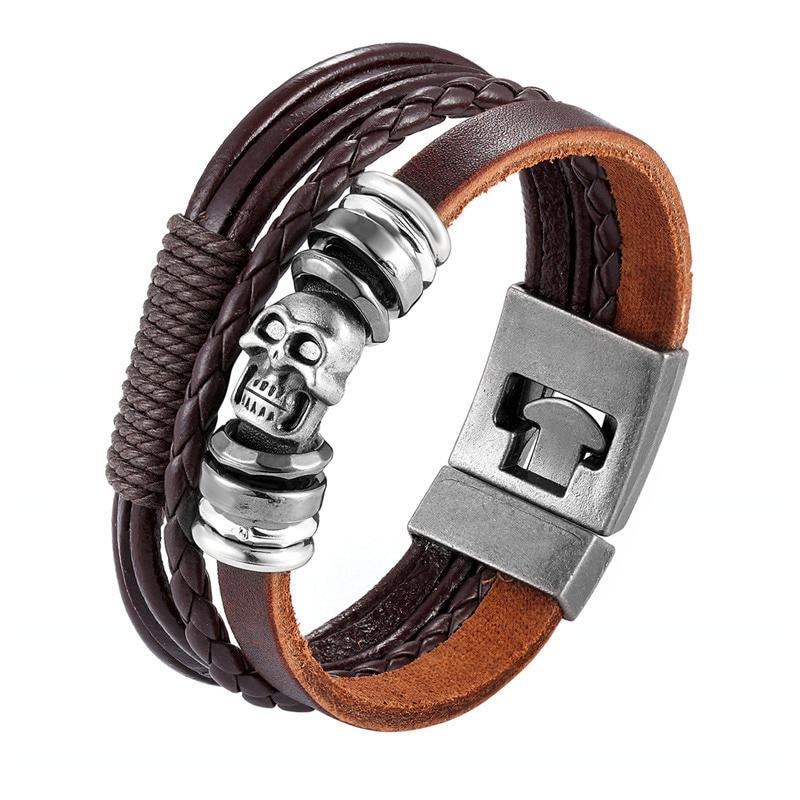 Brown Multi-Strand Leather Skull Beaded Belt Type Bracelet-Skull Bracelet-Innovato Design-Innovato Design