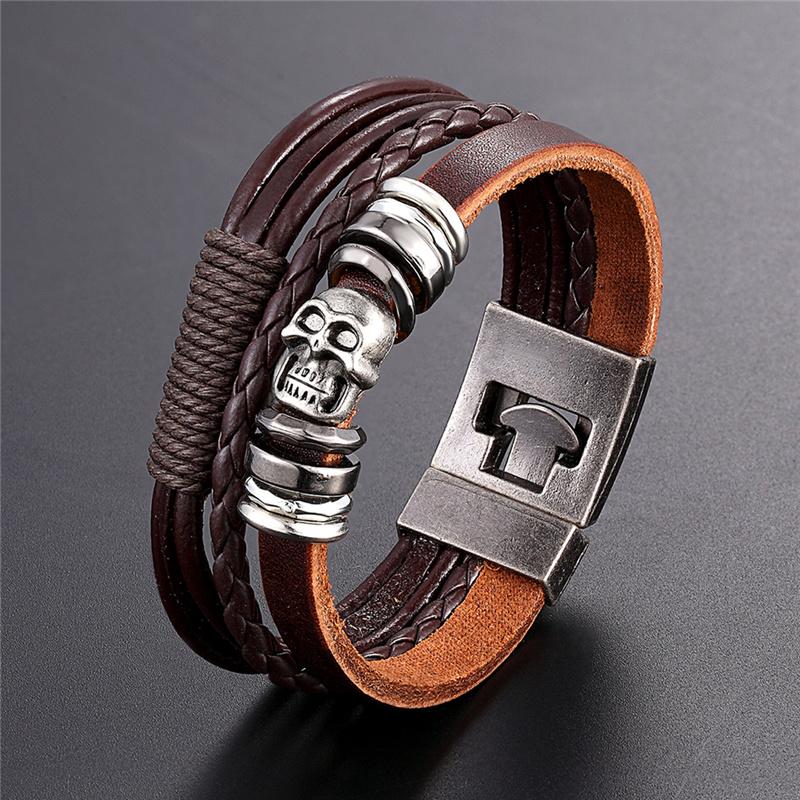 Brown Multi-Strand Leather Skull Beaded Belt Type Bracelet-Skull Bracelet-Innovato Design-Innovato Design