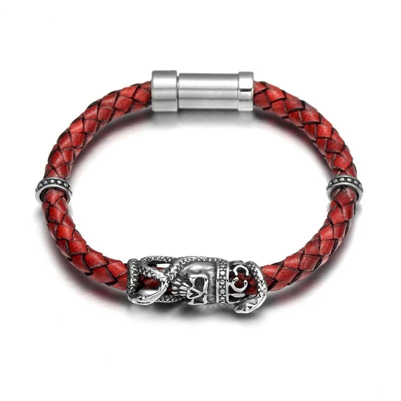 Full Grain Braided Leather Stainless Steel Skull with Snake Bracelet-Skull Bracelet-Innovato Design-6.7-Innovato Design