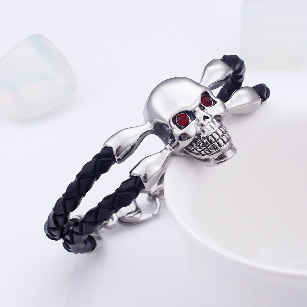 Black Two Strand Braided Leather Skull with Cubic Zirconia Bracelet-Skull Bracelet-Innovato Design-Innovato Design