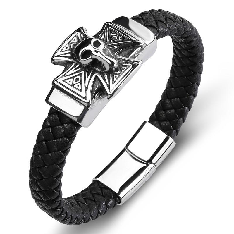 Black Multi-braided Leather Stainless Steel Skull on Cross Bracelet-Skull Bracelet-Innovato Design-7.5-Innovato Design