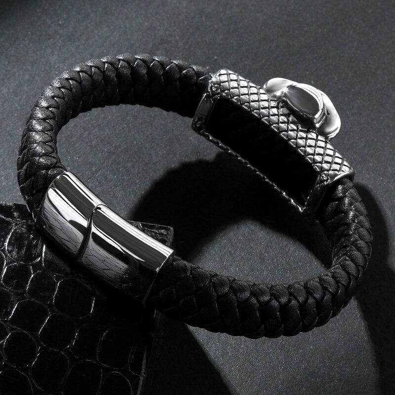 Black Braided Leather Stainless Steel Skull with Hat Bracelet-Skull Bracelet-Innovato Design-7.3-Innovato Design