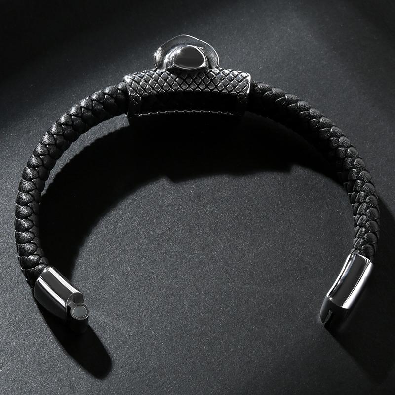 Black Braided Leather Stainless Steel Skull with Hat Bracelet-Skull Bracelet-Innovato Design-7.3-Innovato Design