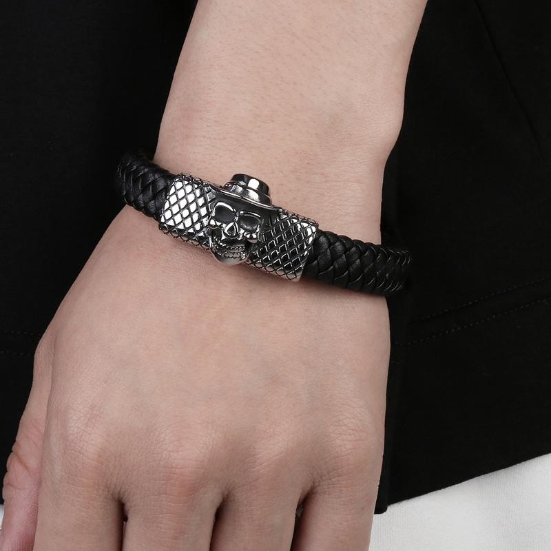 Black Braided Leather Stainless Steel Skull with Hat Bracelet-Skull Bracelet-Innovato Design-7.3-Innovato Design