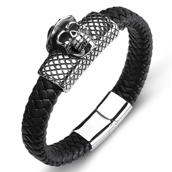 Black Braided Leather Stainless Steel Skull with Hat Bracelet-Skull Bracelet-Innovato Design-7.3-Innovato Design