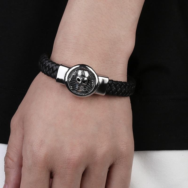 Black Braided Leather Stainless Steel Egyptian Skull Bracelet-Skull Bracelet-Innovato Design-7.3-Innovato Design