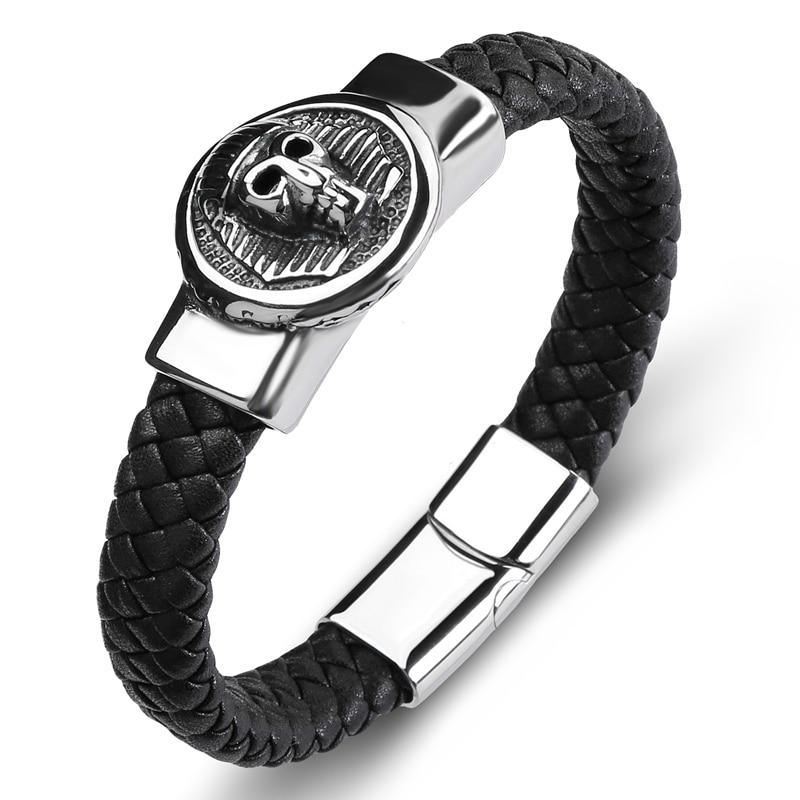 Black Braided Leather Stainless Steel Egyptian Skull Bracelet-Skull Bracelet-Innovato Design-7.3-Innovato Design