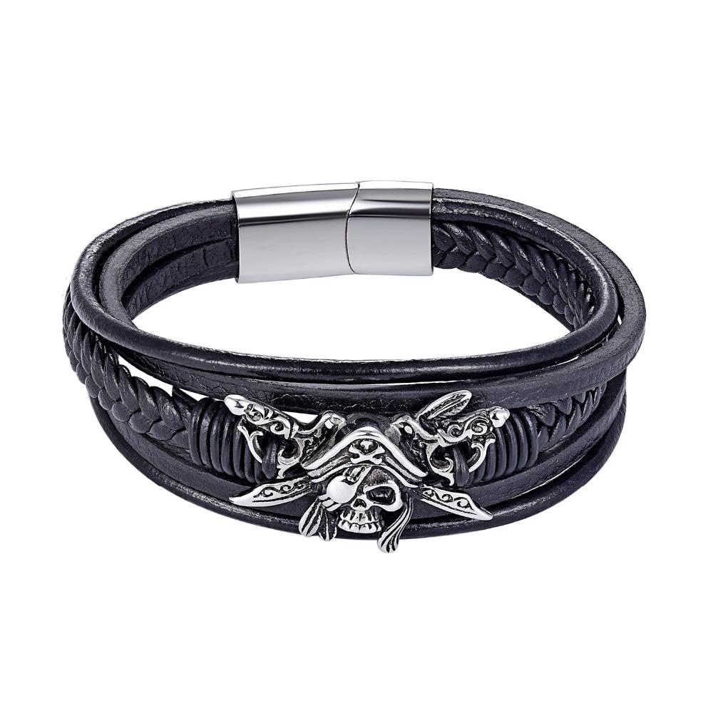 Black Multi-Strand Leather Stainless Steel Pirate Skull Cubic Zirconia Bracelet-Skull Bracelet-Innovato Design-6.9-Innovato Design