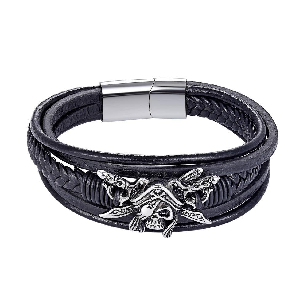 Black Multi-Strand Leather Stainless Steel Pirate Skull Cubic Zirconia Bracelet-Skull Bracelet-Innovato Design-6.9-Innovato Design