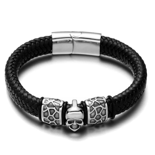 Black/Dark Brown Braided Leather Stainless Steel Skull and Beads Bracelet-Skull Bracelet-Innovato Design-17cm-Innovato Design