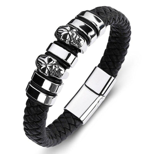 Black Braided Leather Stainless Steel Two Skulls and Beaded Bracelet-Skull Bracelet-Innovato Design-23cm-Innovato Design