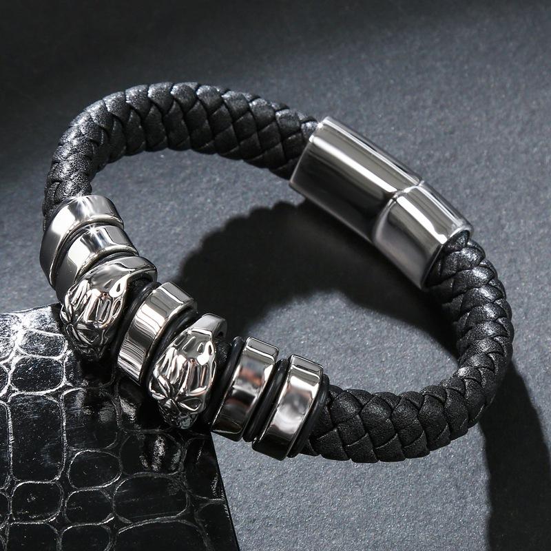 Black Braided Leather Stainless Steel Two Skulls and Beaded Bracelet-Skull Bracelet-Innovato Design-23cm-Innovato Design
