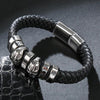 Black Braided Leather Stainless Steel Two Skulls and Beaded Bracelet - InnovatoDesign