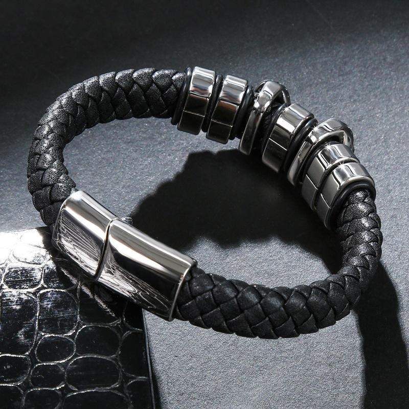 Black Braided Leather Stainless Steel Two Skulls and Beaded Bracelet-Skull Bracelet-Innovato Design-23cm-Innovato Design