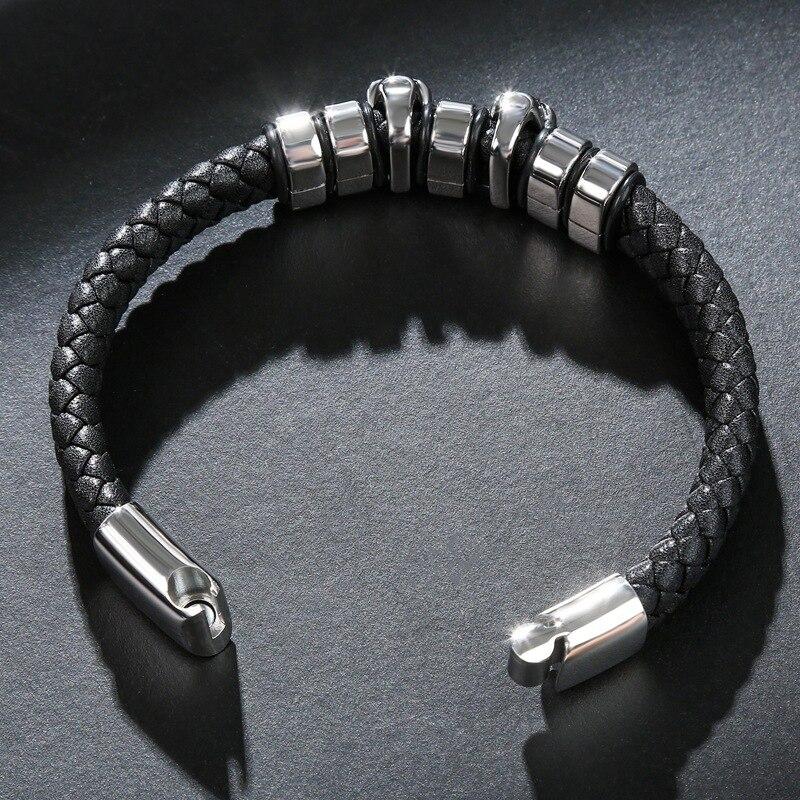Black Braided Leather Stainless Steel Two Skulls and Beaded Bracelet-Skull Bracelet-Innovato Design-23cm-Innovato Design