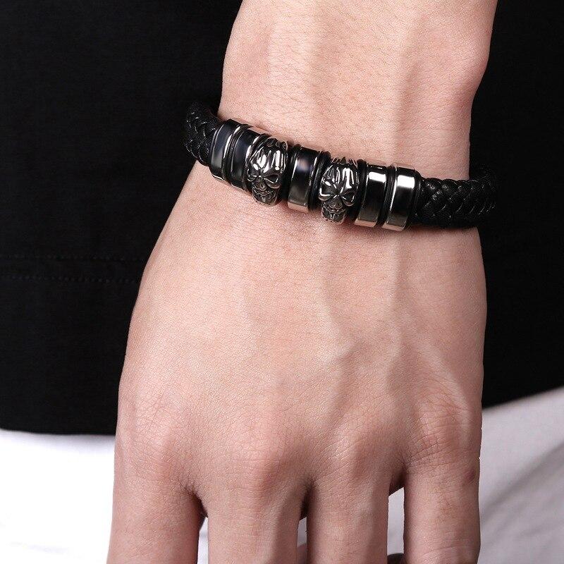 Black Braided Leather Stainless Steel Two Skulls and Beaded Bracelet-Skull Bracelet-Innovato Design-23cm-Innovato Design