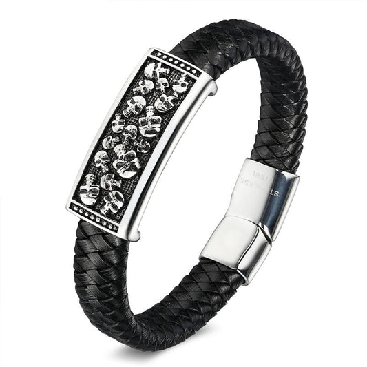 Black Braided Genuine Leather Punk Skulls Bracelet-Skull Bracelet-Innovato Design-7-Innovato Design