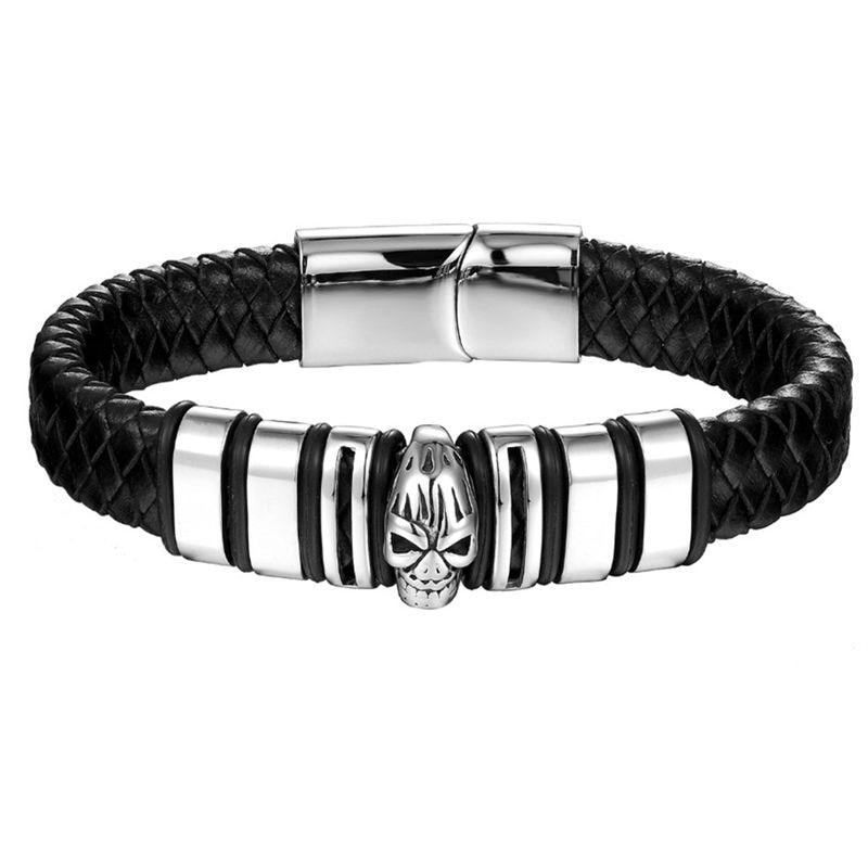 Black Braided Leather Stainless Steel Skull Beaded Bracelet-Skull Bracelet-Innovato Design-7-Innovato Design