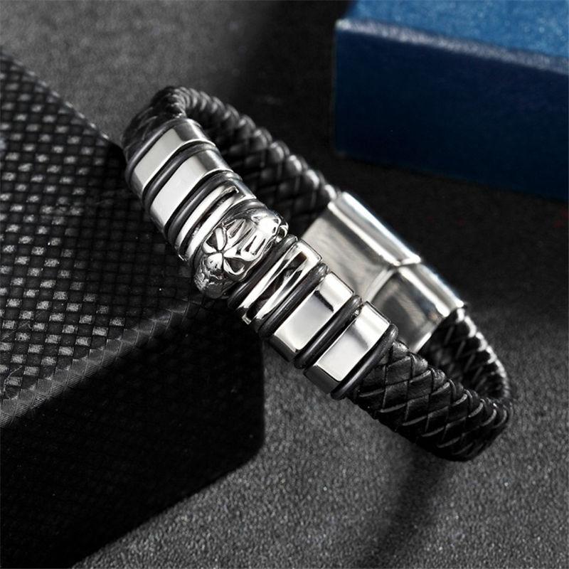 Black Braided Leather Stainless Steel Skull Beaded Bracelet-Skull Bracelet-Innovato Design-7-Innovato Design