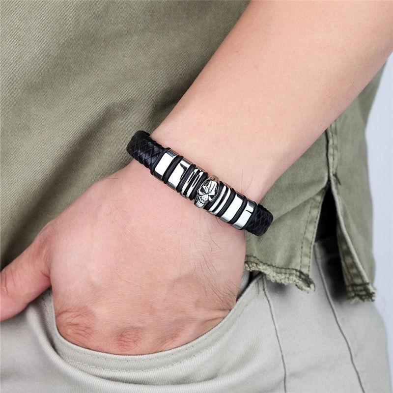Black Braided Leather Stainless Steel Skull Beaded Bracelet-Skull Bracelet-Innovato Design-7-Innovato Design